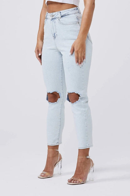 Legend London Womens Jeans MOM JEANS KNEE RIPPED - BLEACH WASH