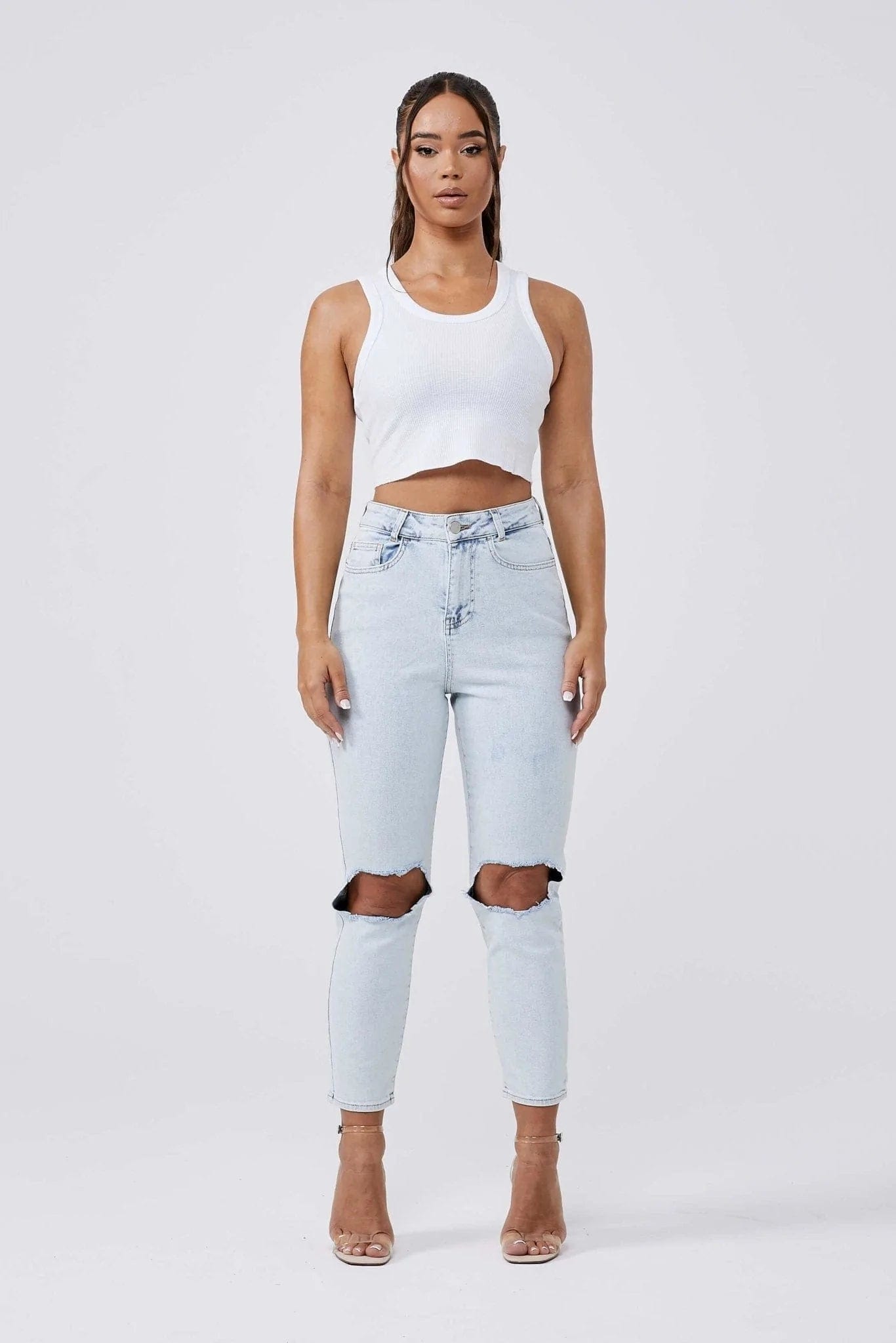 Legend London Womens Jeans MOM JEANS KNEE RIPPED - BLEACH WASH