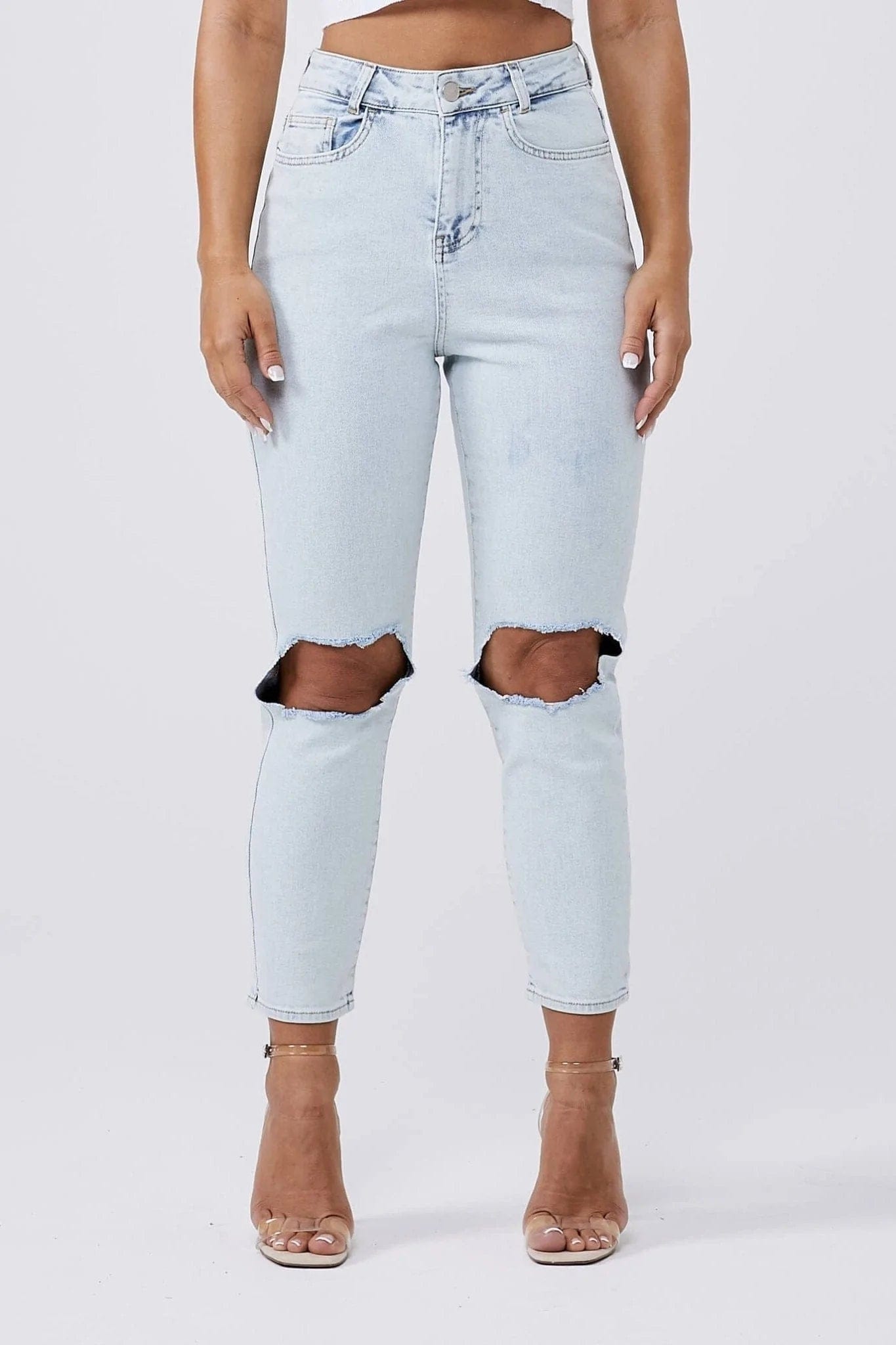 Legend London Womens Jeans MOM JEANS KNEE RIPPED - BLEACH WASH