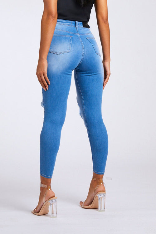 Legend London Womens Jeans SKINNY JEANS BIG KNEE RIP - INDIGO BLUE