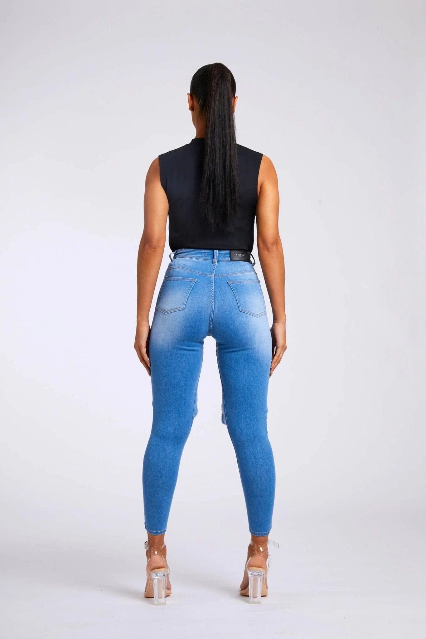 Legend London Womens Jeans SKINNY JEANS BIG KNEE RIP - INDIGO BLUE