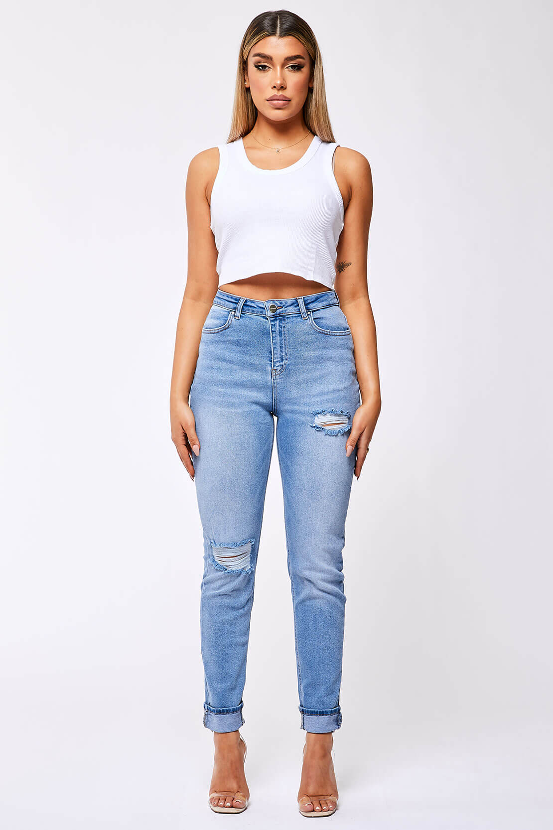 Legend London Womens Jeans STRAIGHT LEG JEAN - WASHED BLUE RIPPED