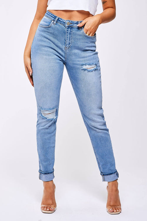 Legend London Womens Jeans STRAIGHT LEG JEAN - WASHED BLUE RIPPED