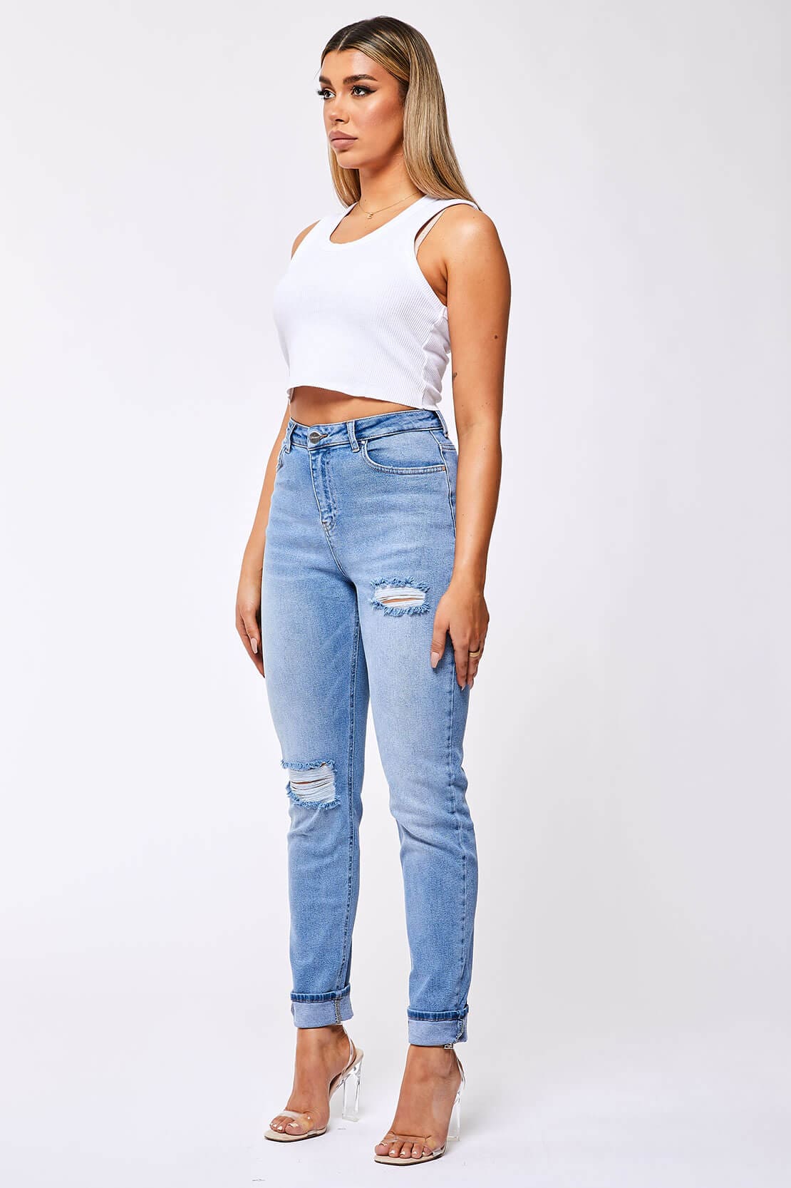 Legend London Womens Jeans STRAIGHT LEG JEAN - WASHED BLUE RIPPED