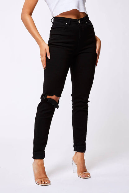 Legend London Womens Jeans STRAIGHT LEG JEANS - BLACK DESTROYED LEFT KNEE